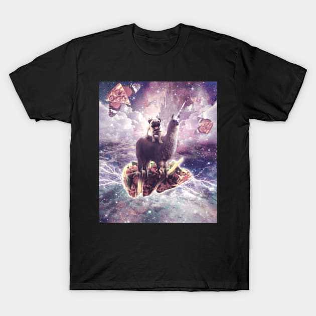 Space Pug Riding Llama Unicorn - Pizza & Taco T-Shirt by Random Galaxy